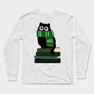 cat with green scarf on book stack Long Sleeve T-Shirt